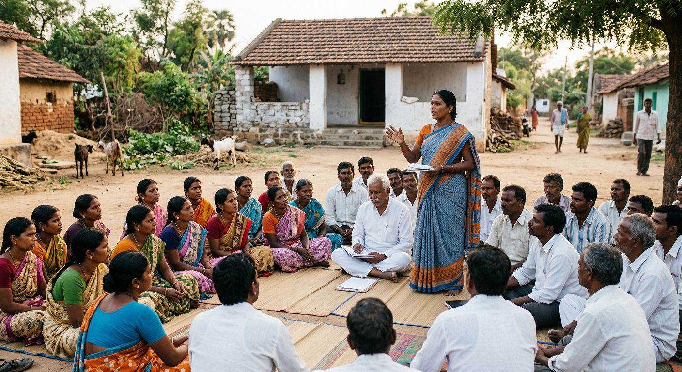 Community-based organization meeting — DPIS (Dalitha Pragati Ikya Sangham) members gather for a village discussion