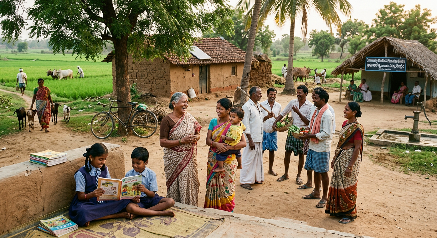 Rural community in Andhra Pradesh — children reading, women's group, and farmers gathered near a village health and education centre