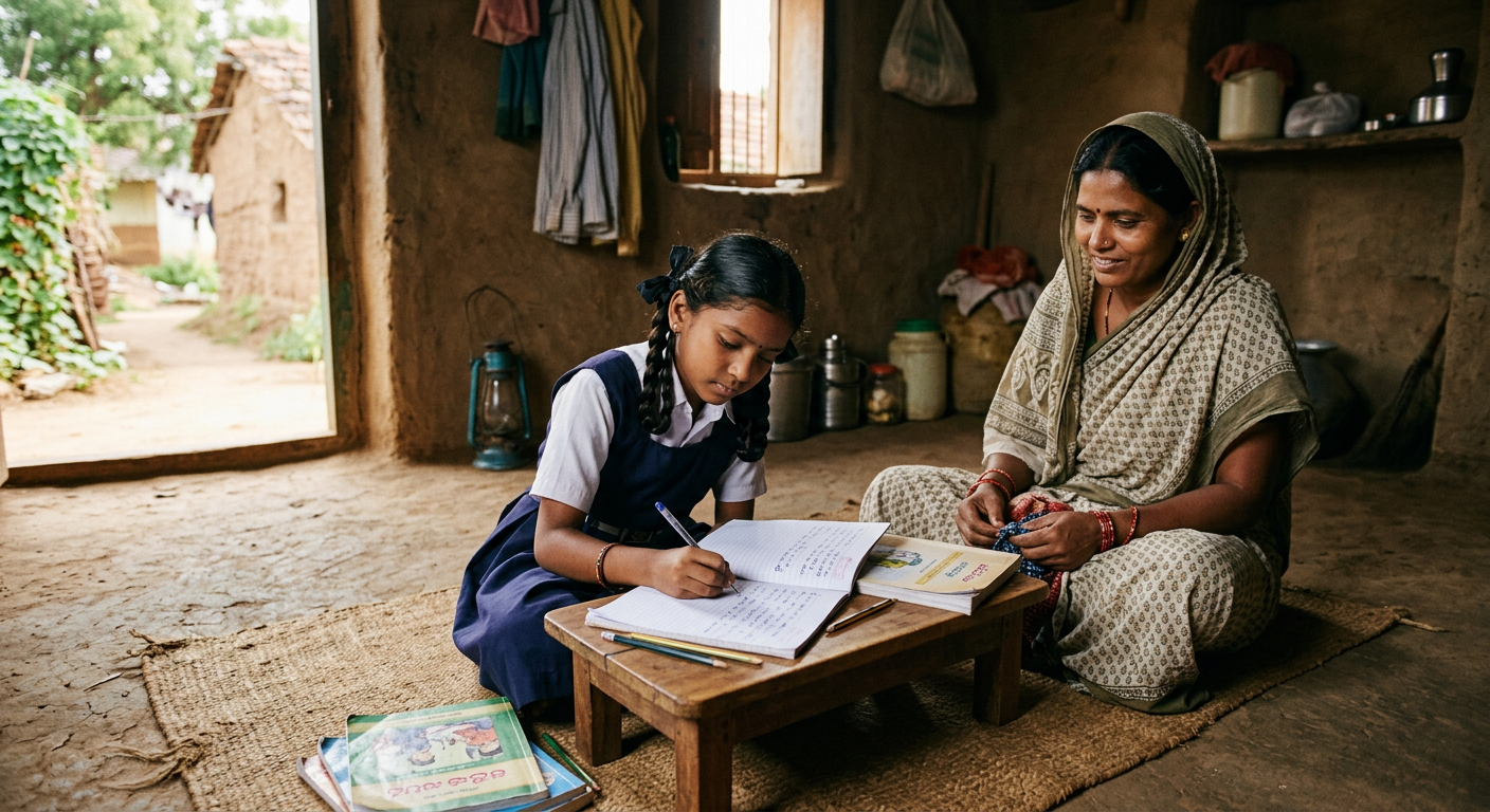 A rural student doing schoolwork at home beside a supportive family member